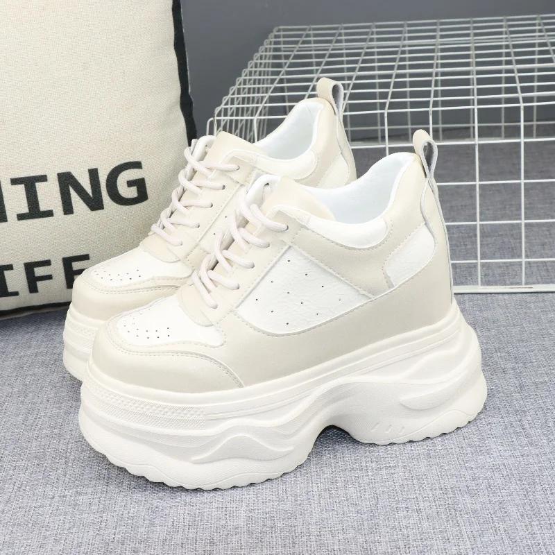 Fashion 12CM Platform Wedge Sneakers Chunky Shoes Genuine Leather for Women Summer Shoes Spring Autumn Walking Sneakers Fashion
