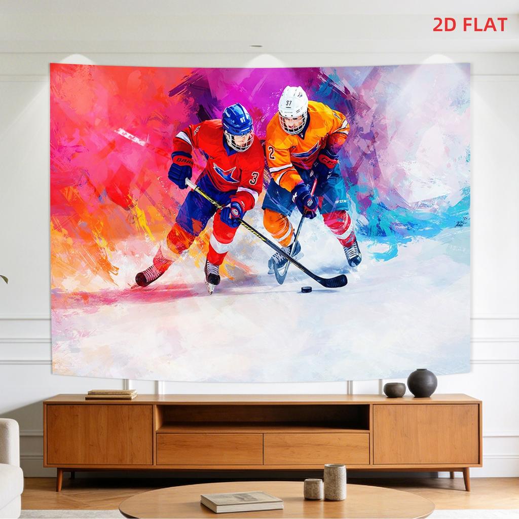 Ice Hockey Sports Tapestry, Abstract Art Style Player Print, Colorful Wall Hanging For Man Cave & Sports Themed Room Decor