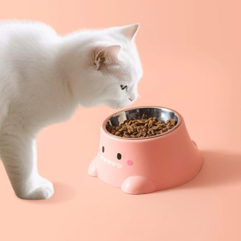15° Tilted Cartoon Dinosaur Pet Bowl Anti-Knock Leak-proof Dog Water Feeders Stainless Steel Detachable Neck Support Feeder