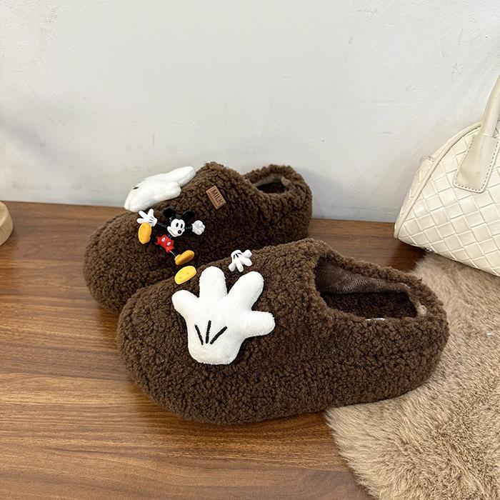 

Cartoon Mickey girl fluffy shoes autumn and winter fashion outer wear cute versatile warm comfortable thick sole one-word cotton mop 40 коричневый