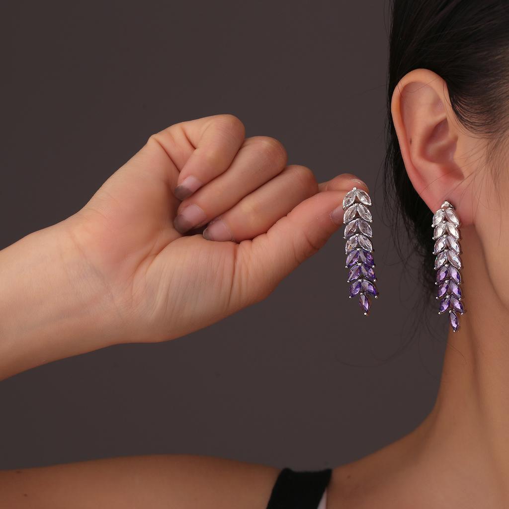 New Tassel Wheat Ear Earrings Purple Diamond Leaf Earrings Fashionable Exaggerated High-end Stud Earrings Ear Jewelry