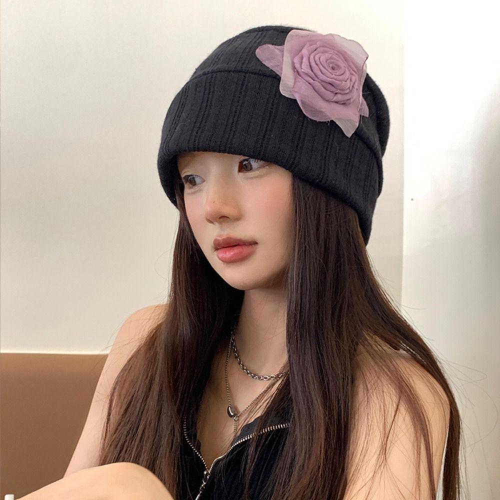 Elegant Flower Beanies Hat Sweet Sunscreen Cap Cute Knitted Hat  Spring and Summer