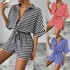 Women Striped Romper Short Sleeve Button Down Shirt Collar Tie Waist Summer Jumpsuit