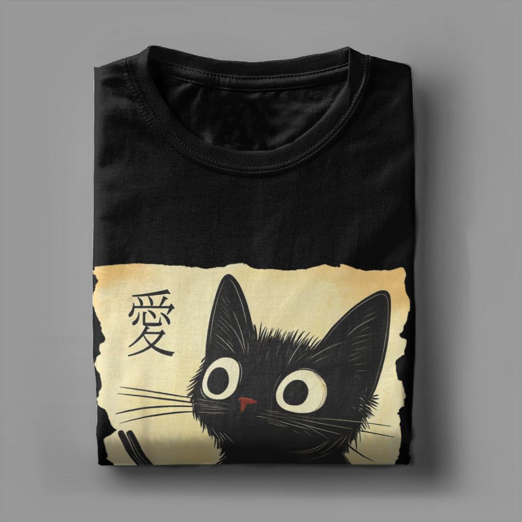 Men's Japanese Black Cat Ramen T Shirts Kawaii Noodle Cat Cotton Clothing Creative Short Sleeve Crew Neck Tees Summer T-Shirt