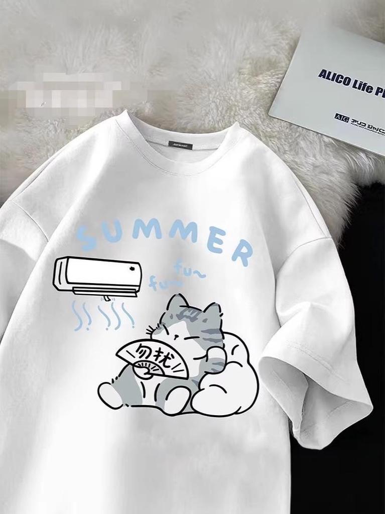Children's Summer Cute Cat Cotton T-Shirt - Girls' Medium/Large, Boys' Trendy Brand, Short-Sleeved