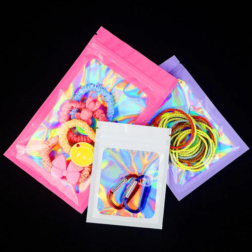 100pcs Color Holographic Sealing Ziplock Bags,Jewelry Necklaces Cosmetics Packaging Sachet,Packing Bags for Small Business