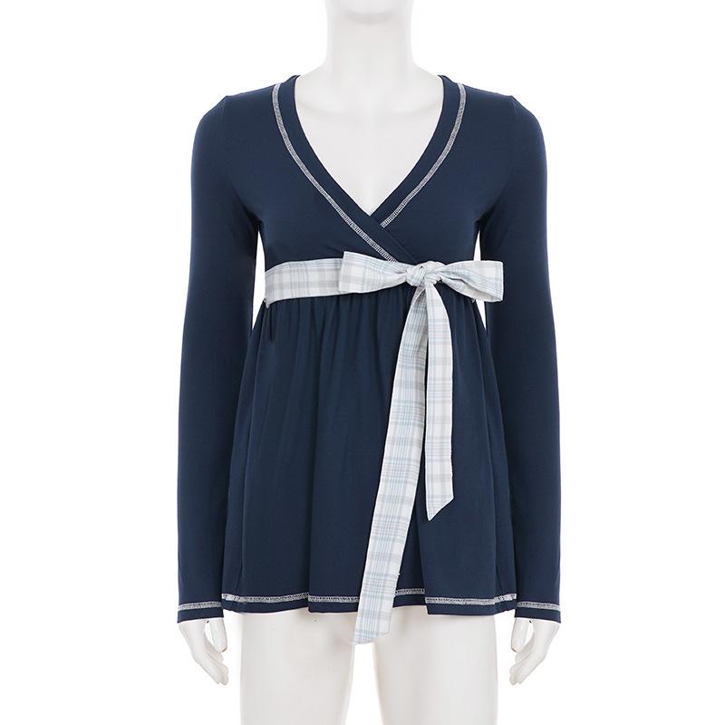 Plaid Bow Tie Lace-up Waist-cinch Babydoll Top - European/American Sweet Style Long-sleeve T-Shirt