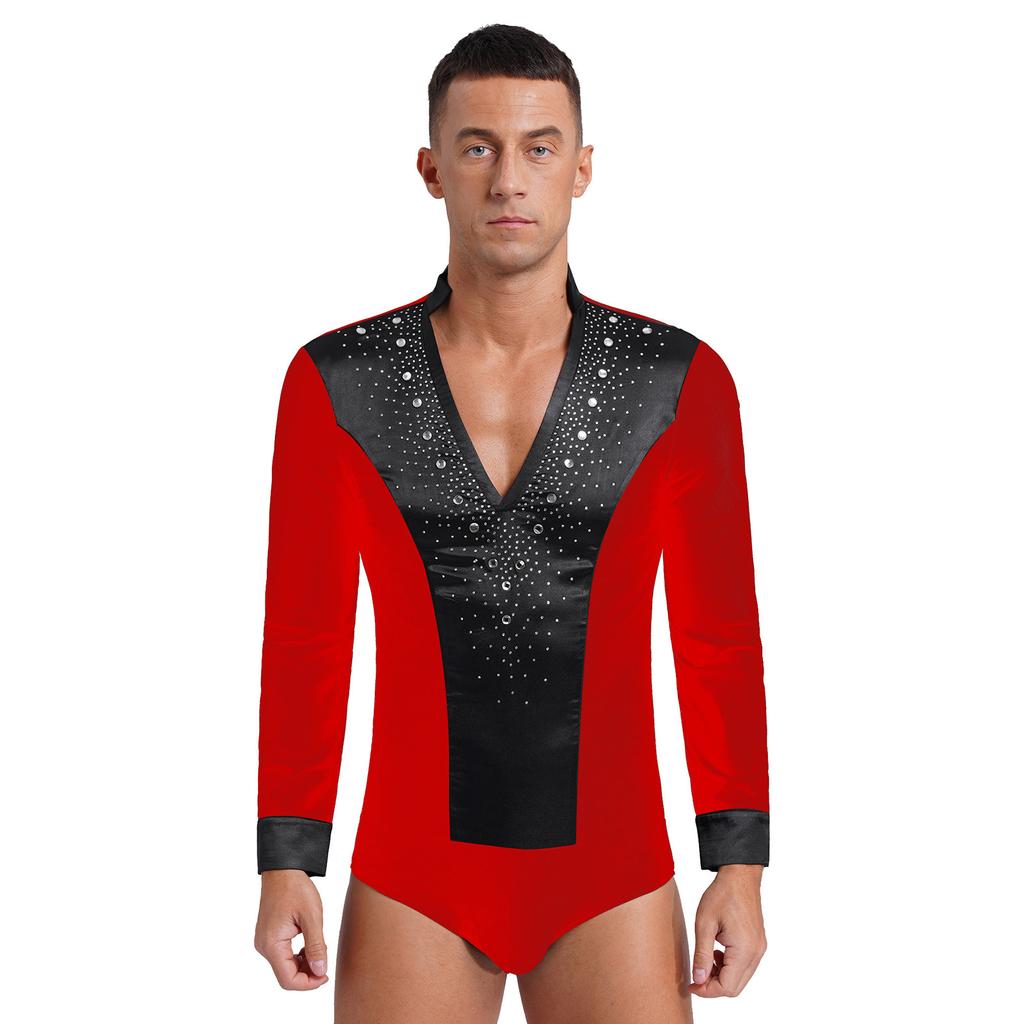 Men's Latin Dance Leotard - Glittery Rhinestones V Neck Long Sleeve Satin Patchwork Bodysuit for Performance