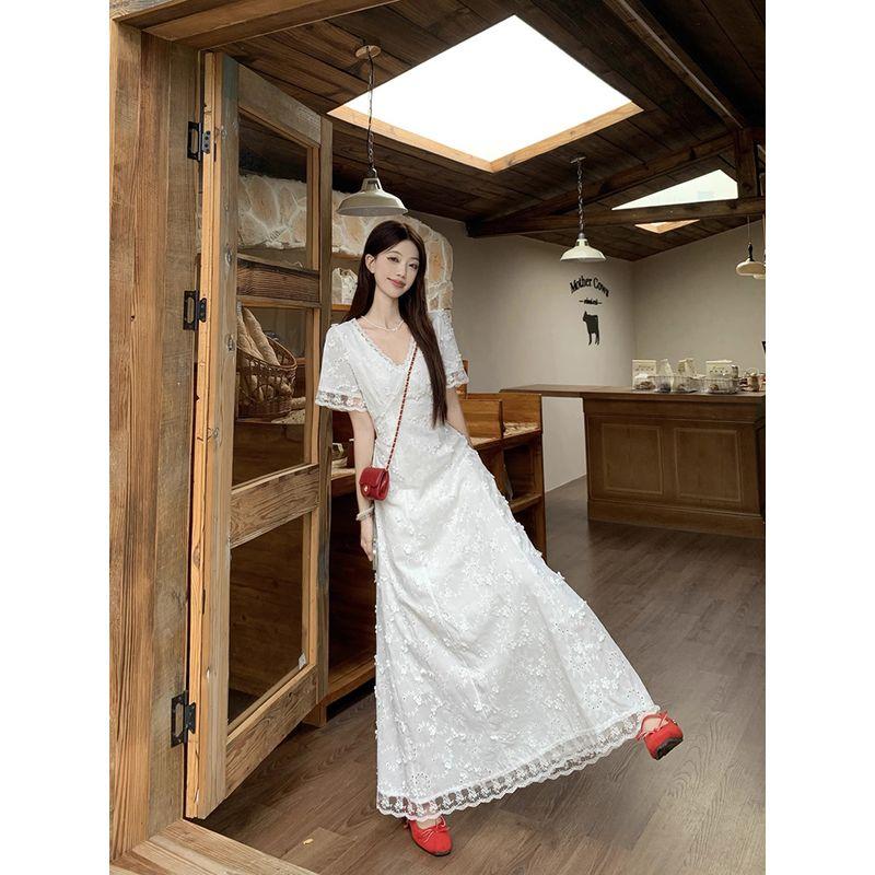 Kumikumi French Style Embroidered Lace Three-Dimensional Flower Short Sleeve Dress Women Summer Temperament Slim Fit Slimming Long Dress