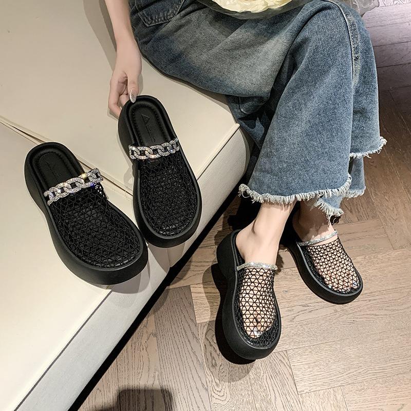 New Woven Mesh Breathable Diamond Strip Flat Bottom Outer Wear Bag Head Slippers Women's Summer Tide Fishing Net Shoes Half Slippers