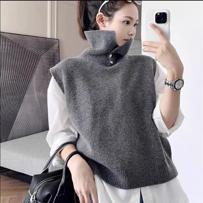 Damen Strickweste mit Stehkragen, lockerer, bequemer Pullover, Kaschmirpullover, ärmellose Pullover