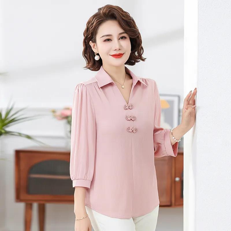 

Женская блузка в китайском стиле с воротником-стойкой, рукавом 3/4, свободного кроя, повседневная блузка на пуговицах-«лягушках» XL розовый