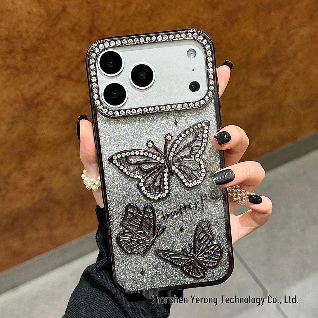 3D Shining Rhinestone Butterfly Case for iPhone 17 Pro Max Electroplated Glitter Protective Cover