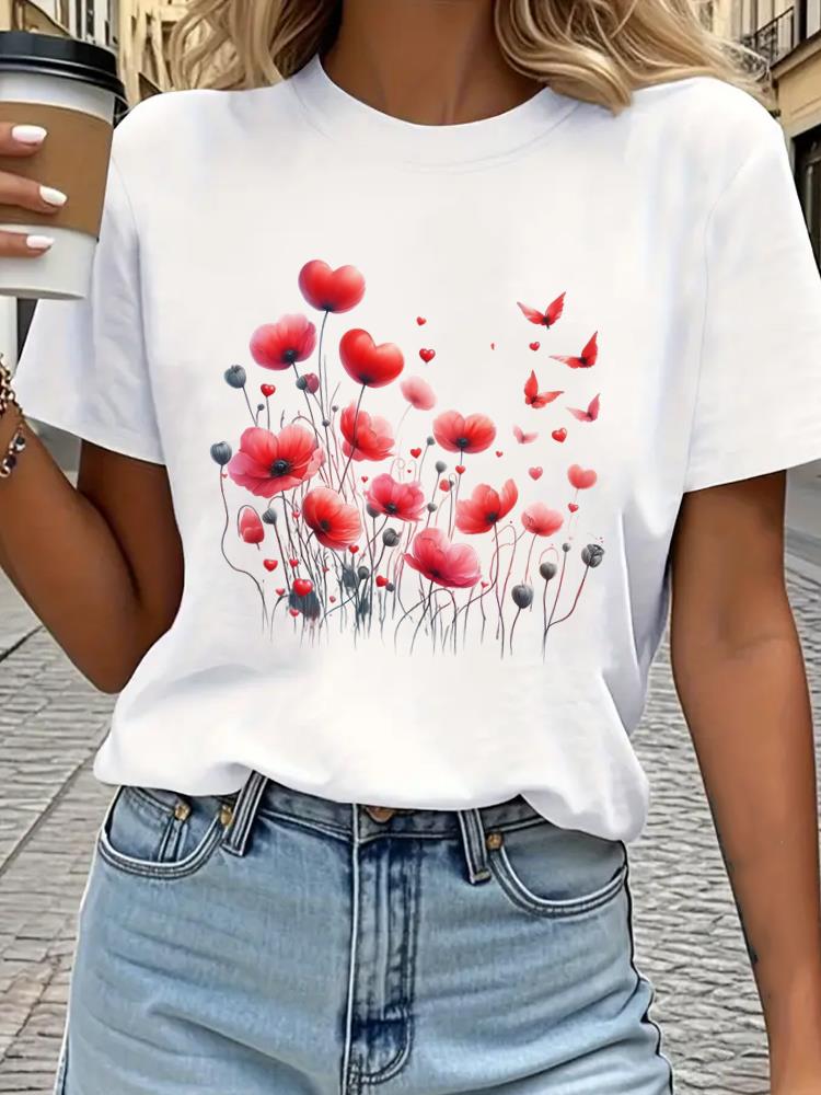 (Asian Size) Tee Top Print Sweet Lovely Style Trend Women Woman Fashion Clothing Short Sleeve T Shirt  Female Graphic T-shirts