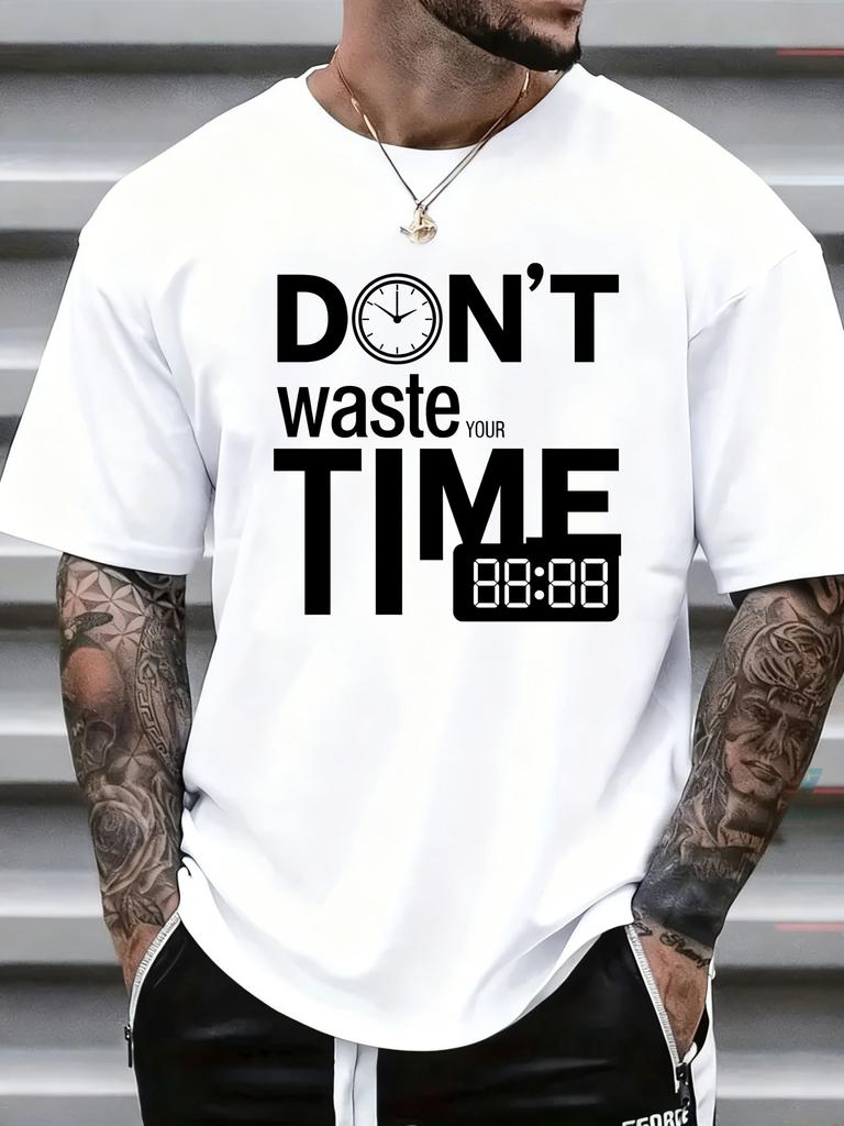 Unisex Summer Short Sleeve T Shirt Dont Waste Your Time Clock Print Casual Loose Crew Neck Streetwear Daily Wear Fashion Tops