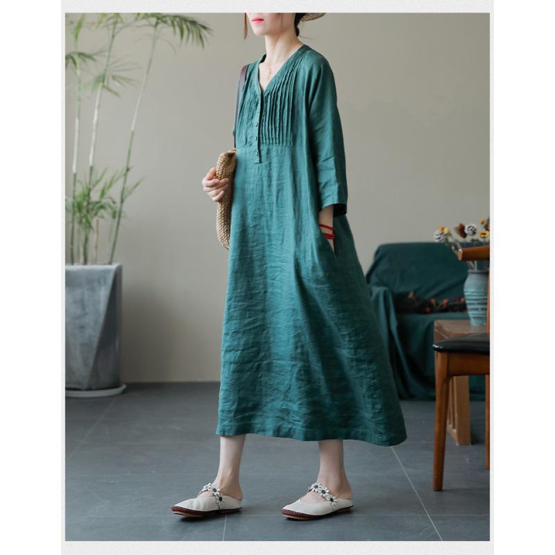 Women's Artistic Retro V-Neck Cotton Linen Dress – Single-Breasted, Casual, Five-Sleeve, Loose Fit for Summer 2025.