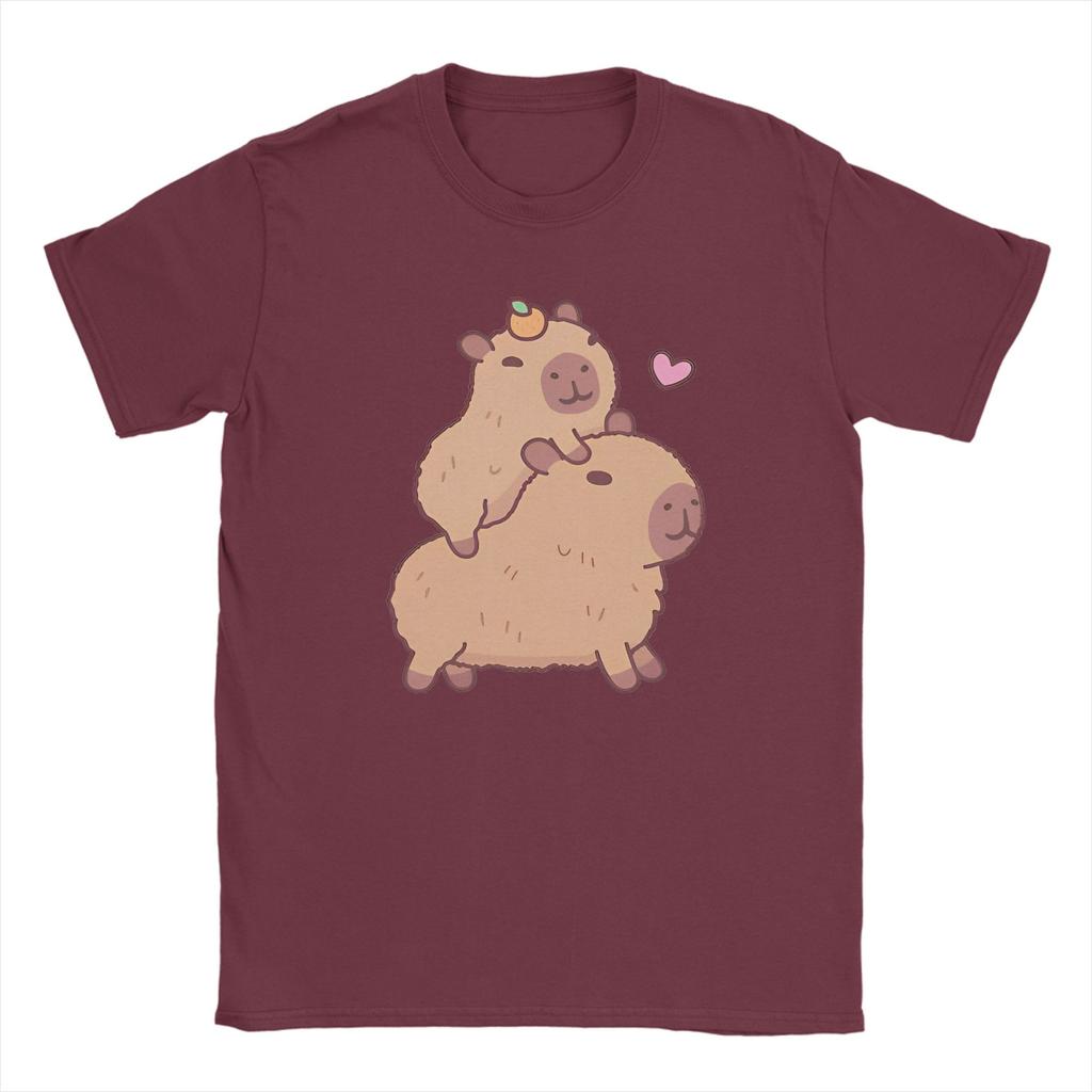 Vintage Cute Baby Capybara Hitching A Ride T-Shirts Men Round Neck 100% Cotton T Shirts  Short Sleeve Tees Plus Size Tops