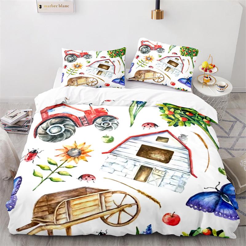 Kid Tractor Truck Duvet Cover Twin Cartoon Transportation Quilt Cover Polyester Construction Vehicle Bedding Set Car Theme Decor