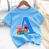 Pocoyo Anime T-Shirt für Kinder Blau 26 Buchstaben T-Shirt Oberteil Jungen Mädchen Cartoon Rundhals Kleidung Mode Neue Kinderkleidung Geschenk