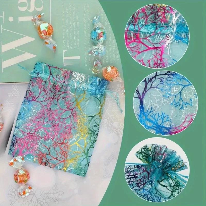 50 Pack Mesh Drawstring Gift Bags Coral Grove Organza Pouches for Candy Chocolate Wedding Party Favors Holiday Packaging