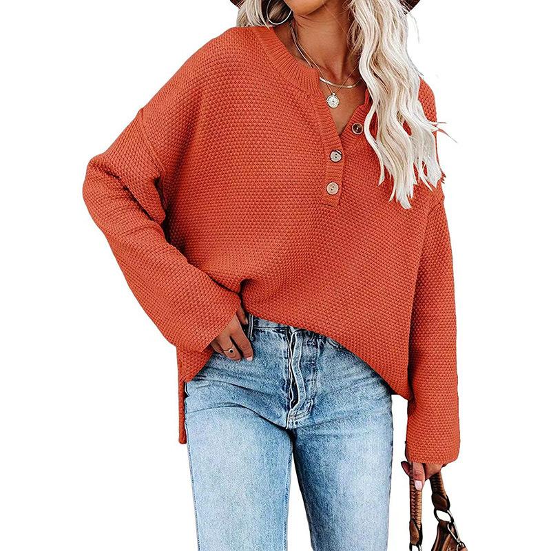 Button Up Pullover, Solid Color Pullover, V-neck Knit Sweater, Women's Streetwear, Trendy Sweater, Women's Plus Size, Worn Inside Out