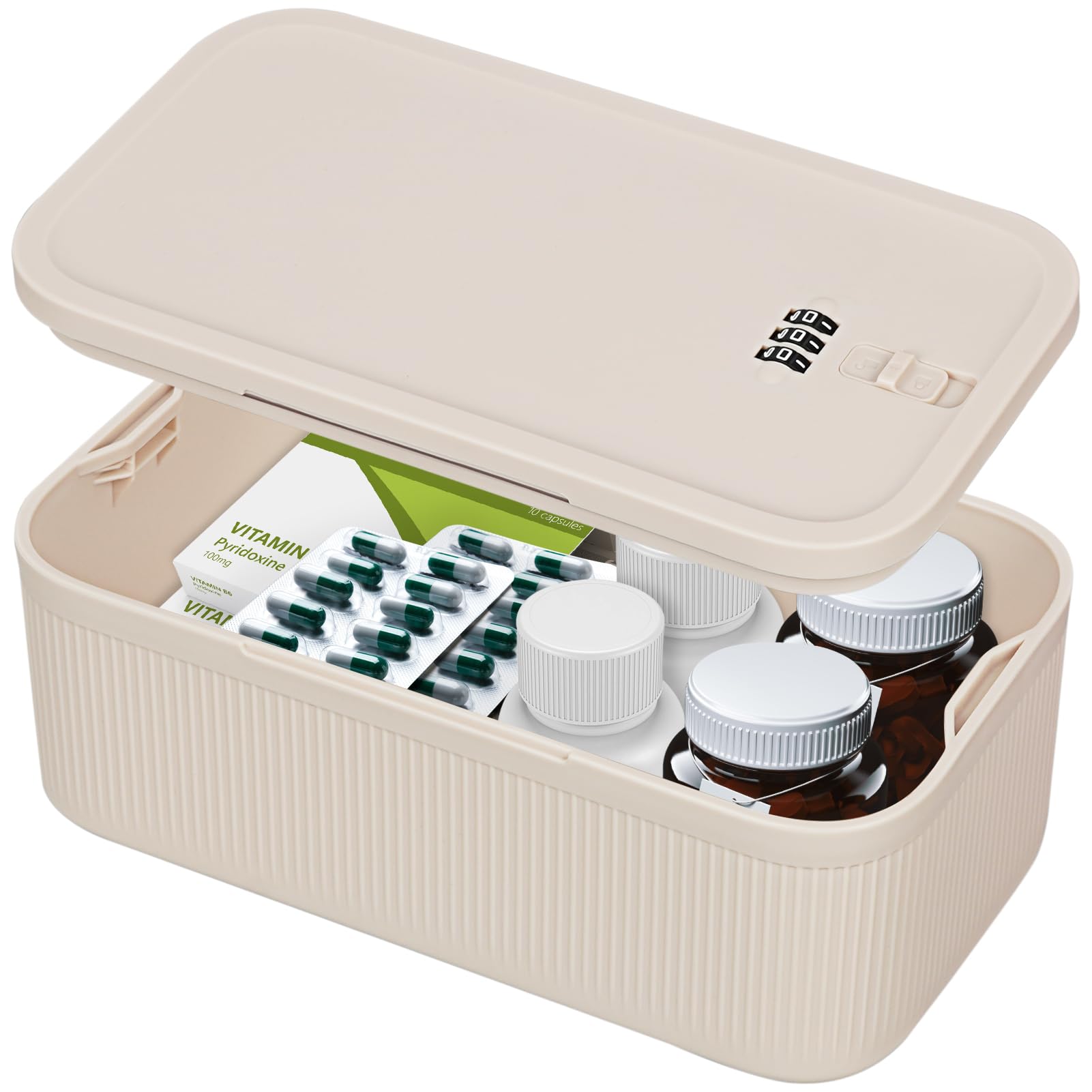 

Yazi Home Safe, Small, Dial Lock, Mini Safe, Combination Lock, Storage Box, Plastic, Piggy Bank, for Cash, Medicine, Bank Cards, and Valuables (Beige)