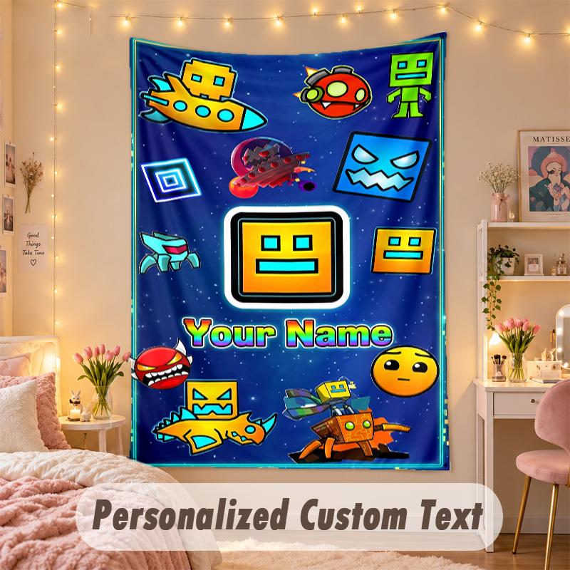 Custom Personalized Tapestry,Geometry Dash Print Custom Name Text Wall Art Hanging for Bedroom