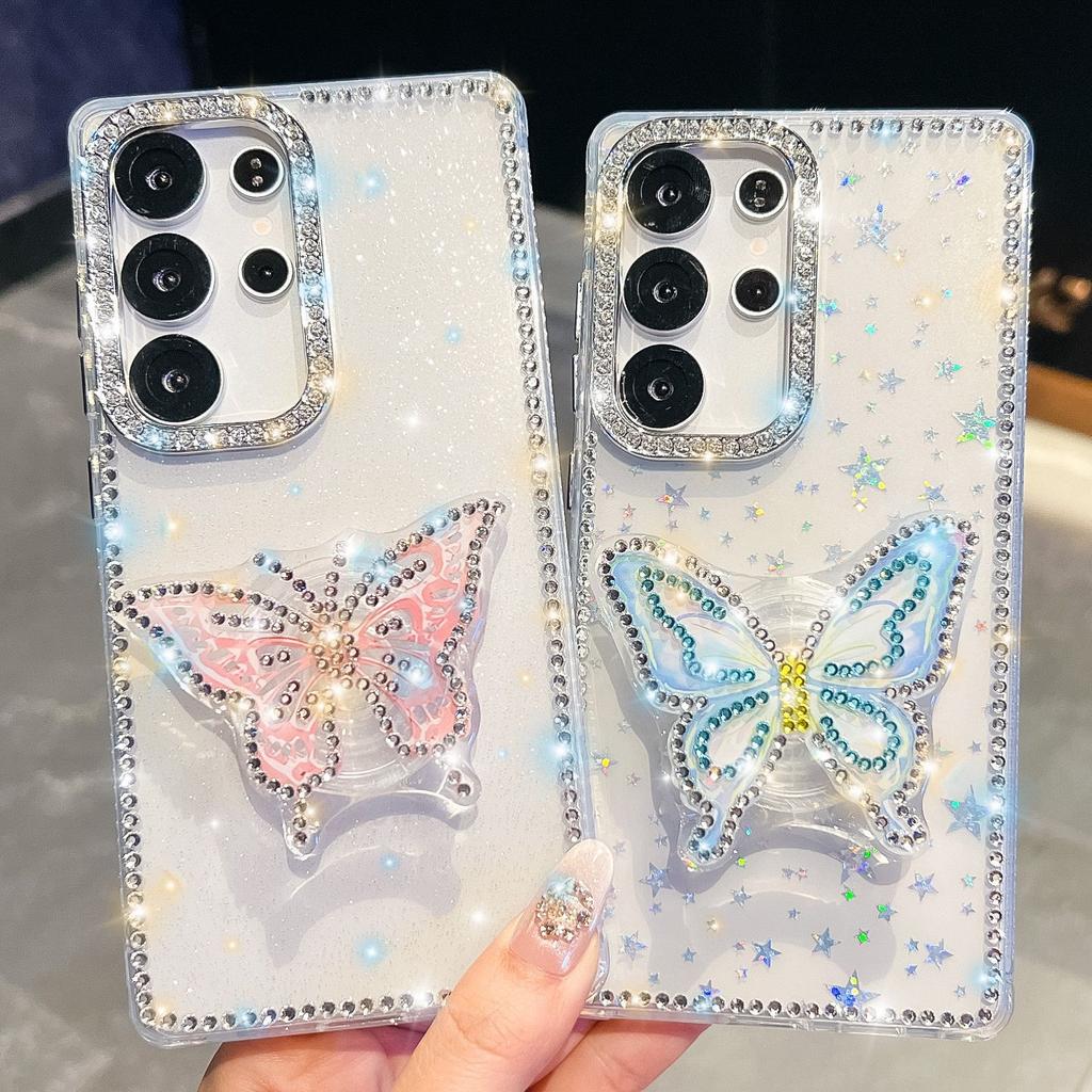 Butterfly Bracket Suitable for Samsung S25 Ultra Mobile Phone Case Flash Drill S24FE Flash Powder A56 Protective Case A17