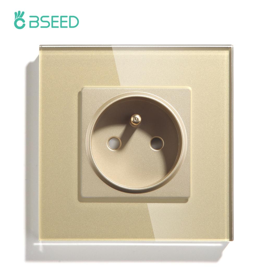 BSEED 1/2/3Gang Touch Light Switches 1Way With French Sockets Type-c USB Wall Power Outlets Glass Panel Blue Backlight Gold