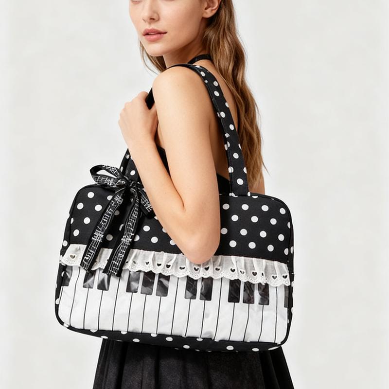 Black Polka Dot Handbag Women Piano Design Shoulder Bag Lace Trim Butterfly Ribbon Underarm Bag Fashion Musical Note Tote Bag