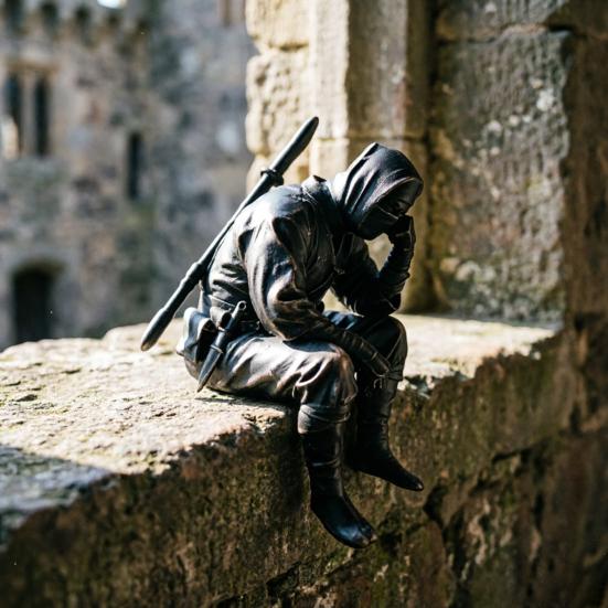 3D Printed Ninja Warrior Figurine with Weapon Small Sitting Thinking Black Samurai Bookshelf Statue for Office Shelf Desk Decor