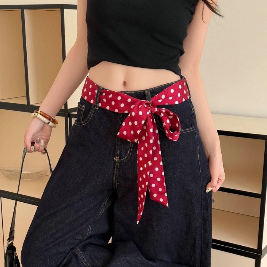 Red belt accessory - women's silk scarf with belt. Fall/Winter high-end denim pants decoration. American retro belt. Fine leather belt.