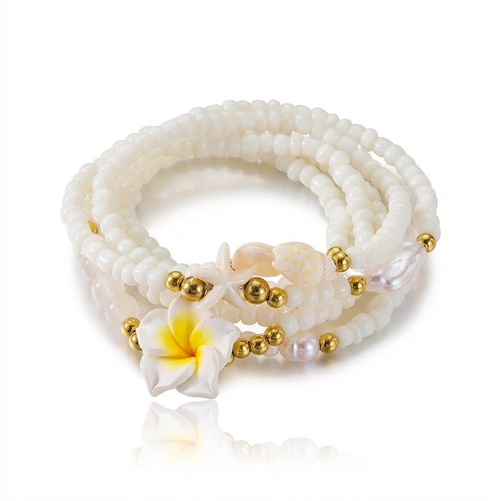 Elegant Shell Flower Imitation Pearl Chain Bracelet Set for Women Stackable Plumeria Floral Beads Bracelet Party Jewelry Gift