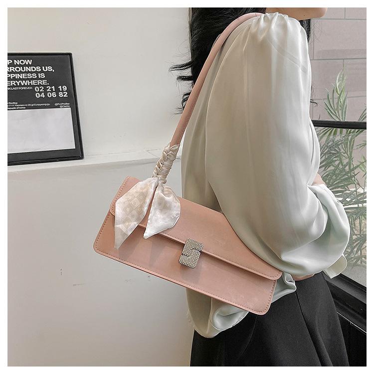 Fashionable Silk Scarf Faux Leather Shoulder Bag Trendy Baguette Square Purse for Women CLE