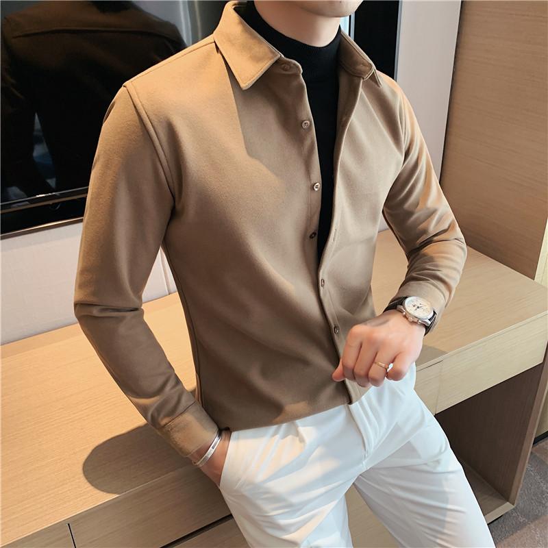 

Fake Two Pieces Autumn Winter Thick Woolen Shirts For Men Business Formal Wear Slim Fit Casual Men s Long Sleeve Social Shirt XL хакі