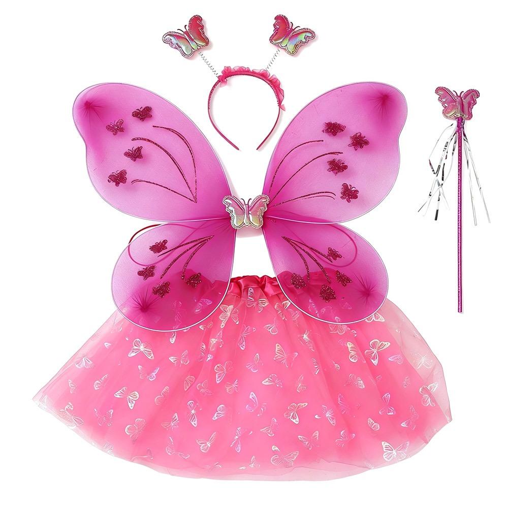 4Pcs/Set Fairy Princess Costume Butterfly Wings Puff Skirt Butterfly Wing Set Headband Fairy Wand Princess Party Costume