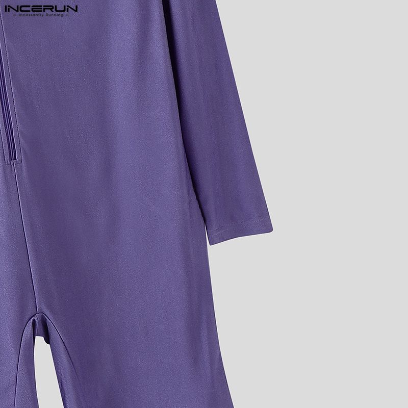 INCERUN Men Zip-up Long Sleeve Solid Fitted Pajamas Jumpsuits Romper Bodysuits Underwear