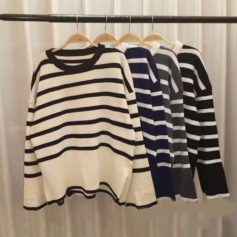 Korean Fashion Striped Knitted Pullover Sweater Women Autumn and Winter New Casual Simple Retro Loose Outside Wearing Long Sleeve Loose Crew Neck Tops