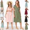 Nrj 2020 Hot Sale V-neck Button-up Short Sleeve Women's Dress With Pockets