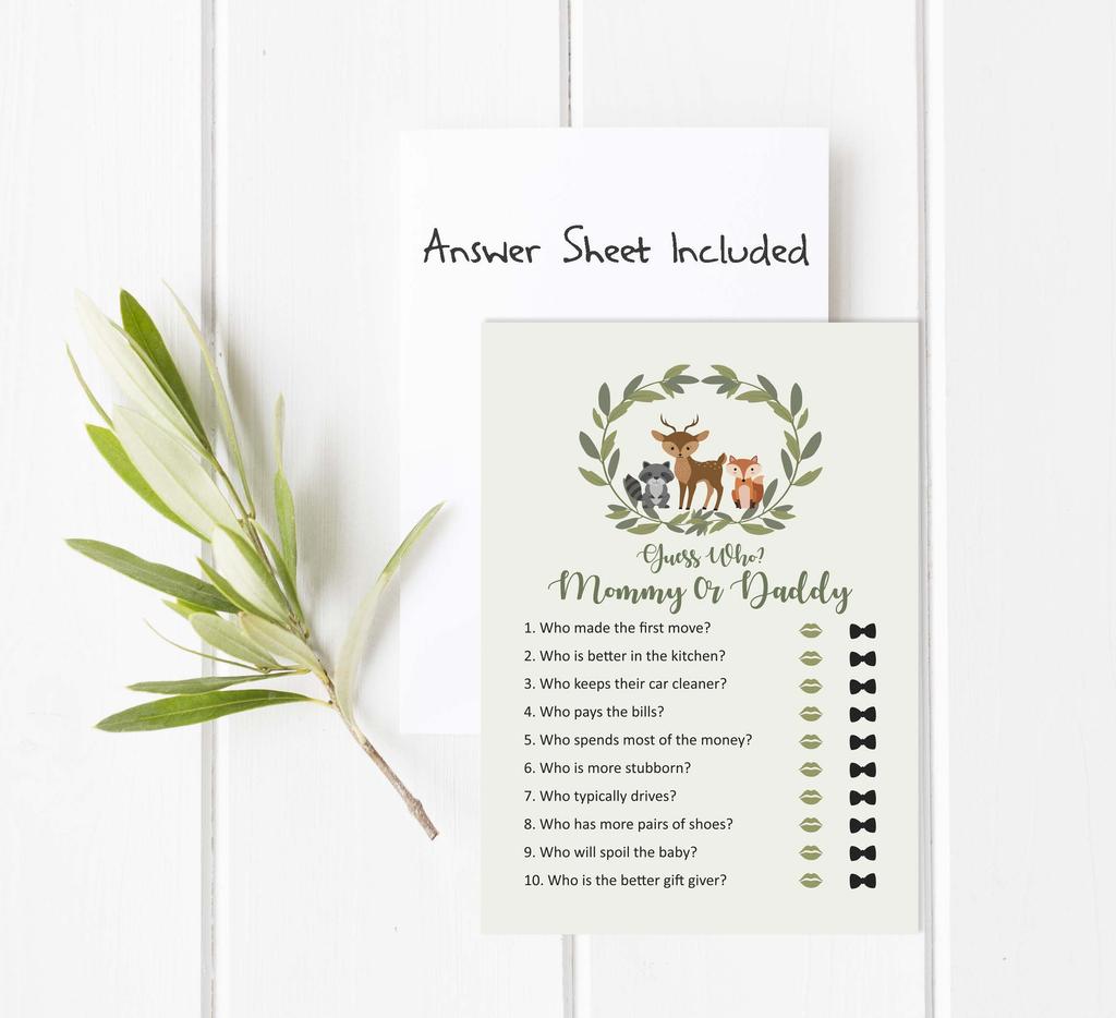 Inkdotpot Spiel „Mama oder Papa, wer hat es gesagt?“, geschlechtsneutral, Kranz und Tiere, 50er-Set, lustiges Babyparty-Spiel, Partyzubehör