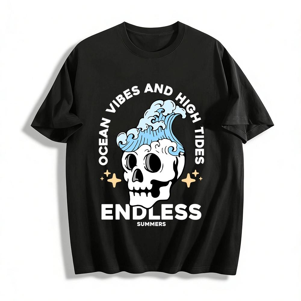 

Vintage Wave Skull Print Casual Short Sleeve T-Shirt Pure cotton T-shirt XXS