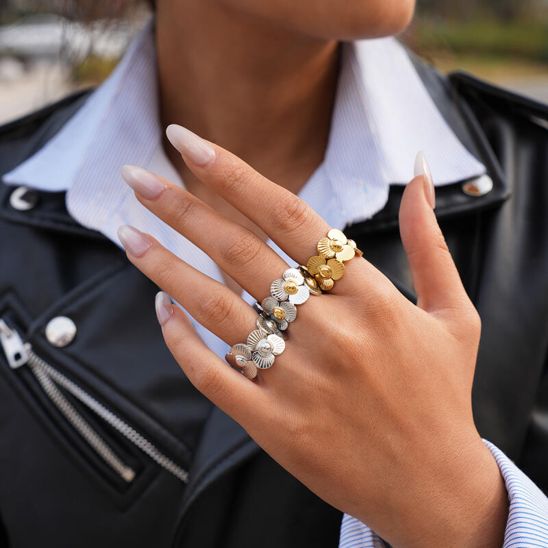 Stainless Steel Splicing Flower Finger Rings for Women Men Classic Texture Wide Chunky Opening Rings Banquet Jewelry Accessories