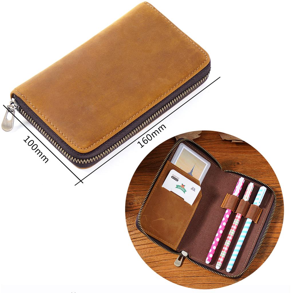 2026 First Layer Cowhide Three-pack Pencil Case Zipper Pen Storage Bag Plus Large Capacity Bill Stationery Case Pencil Case