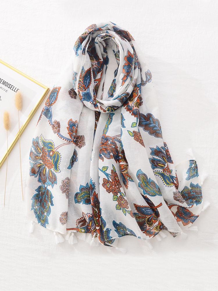 Cotton Linen Women Silk Scarf Sequin Floral Print Shawl Foulard Femme Mujer Pareo Muffler Bufanda Stoles Hijab Bandana Summer