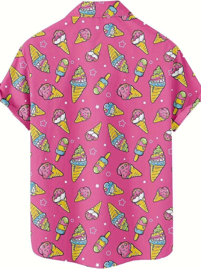 [Printe Esign-Not Texture]Men's Ice Cream Print Casual Shirt- Bright Pink Short Sleeve Hawaiian Style, Suitable for Beach, BBQ, and Street Wear