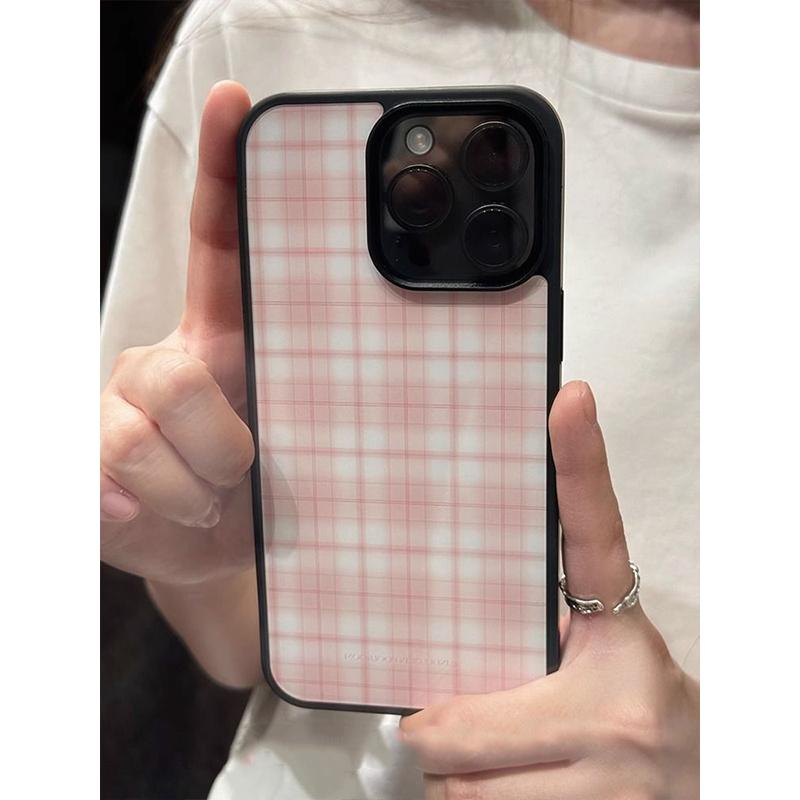 Ins Korean Stylish Girl Pink Grid Phone Case For iPhone16 15 14 13 12 11Pro Max Plus Minimalism Advenced Y2k Anti Fall Shell