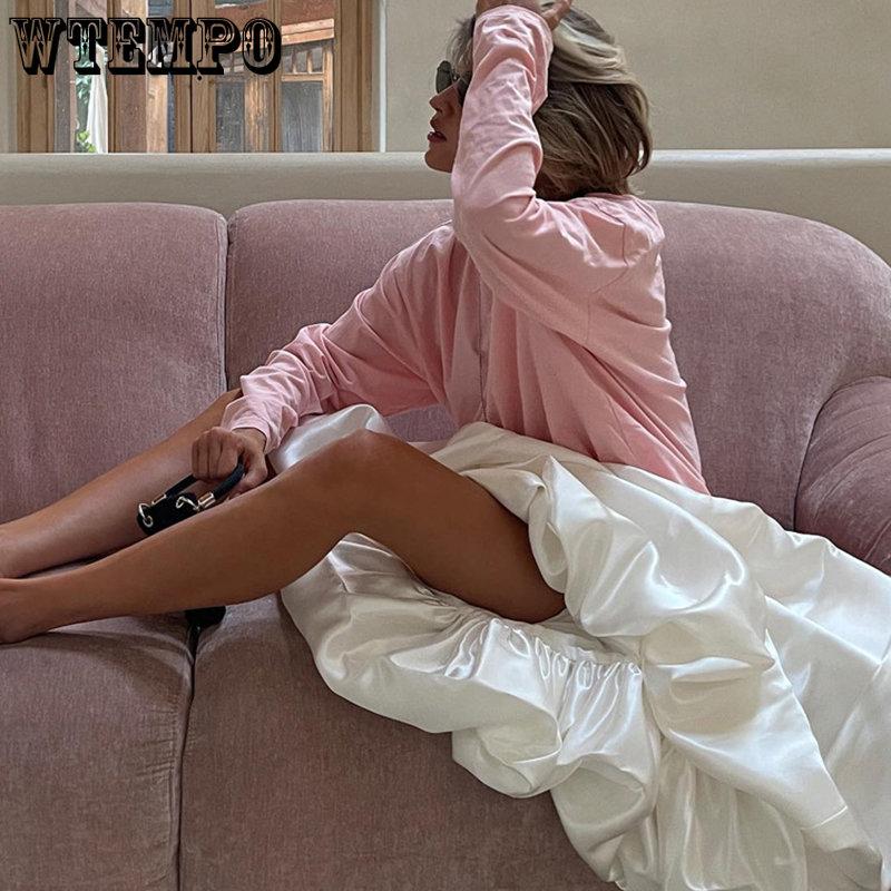 WTEMPO Beige Black Satin Silk Loose Skirts for Women Elegant High Waist Office Lady Solid Casual Ankle-Length Skirts