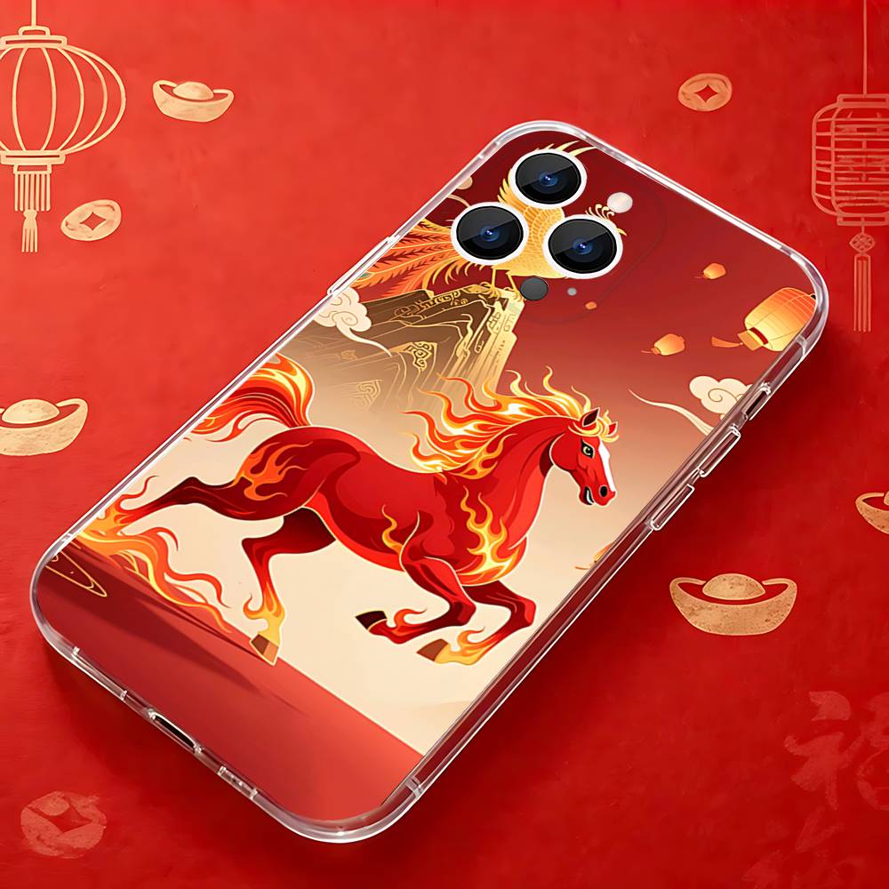Fashion Chinese-Style Red Horse Phone Case for iPhone 16 15 14 13 12 11 17 Plus Pro Max X XR XS Max Soft Clear Tpu