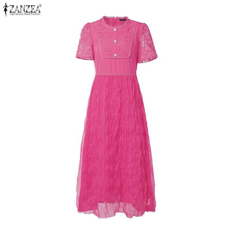 ZANZEA Women Lace Patchwork Casual Round Neck Short Sleeve Long Dress