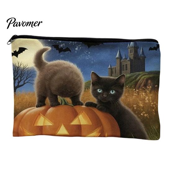 Waterproof Canvas Bag Storage Bag, with Halloween Pattern Printed, Smooth Zipper Themed Organizer Makeup Large Capacity Travel Cosmetic Pouch